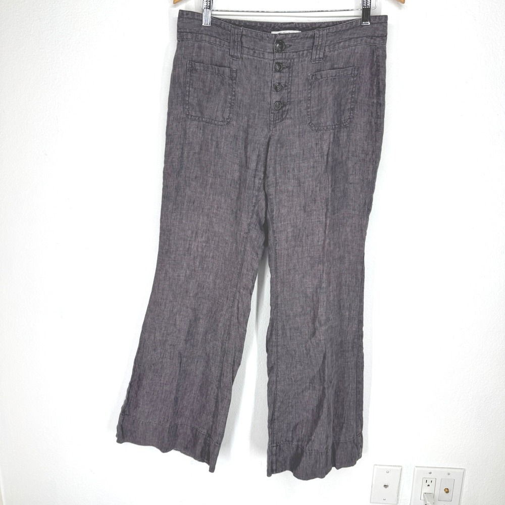 Cabi Womens Gray Linen Wide Leg Button Fly Patch Pocket Pants 8 Coastal Boho